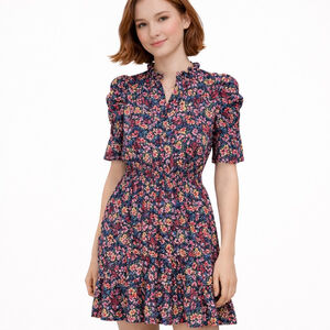 Women's MSK Petite Navy Floral-Print Short-Sleeve Babydoll Dress MP